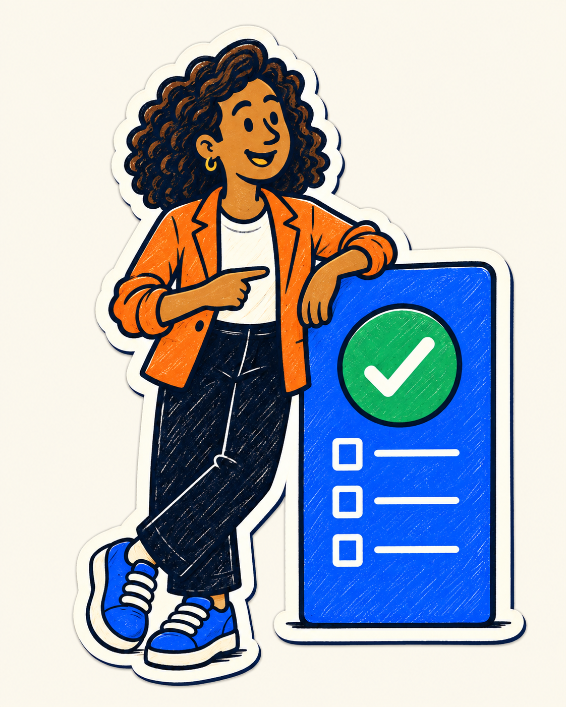 Illustrated woman presenting a completed work board