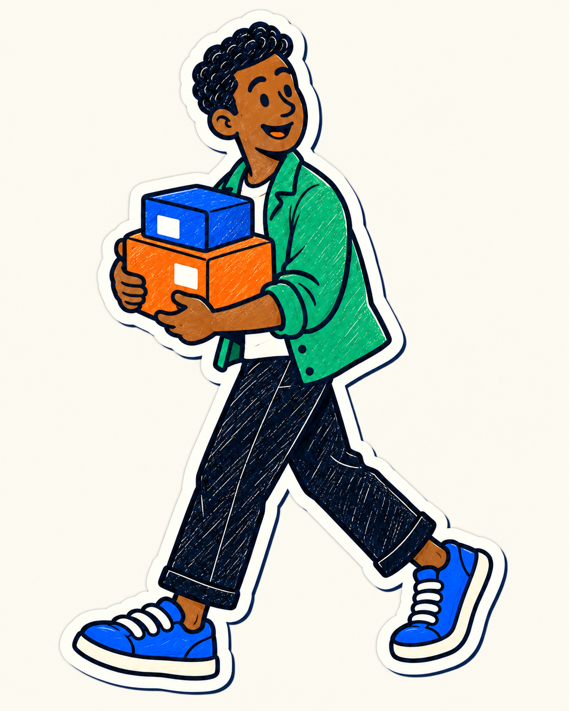 Illustrated teammate walking with connected work modules