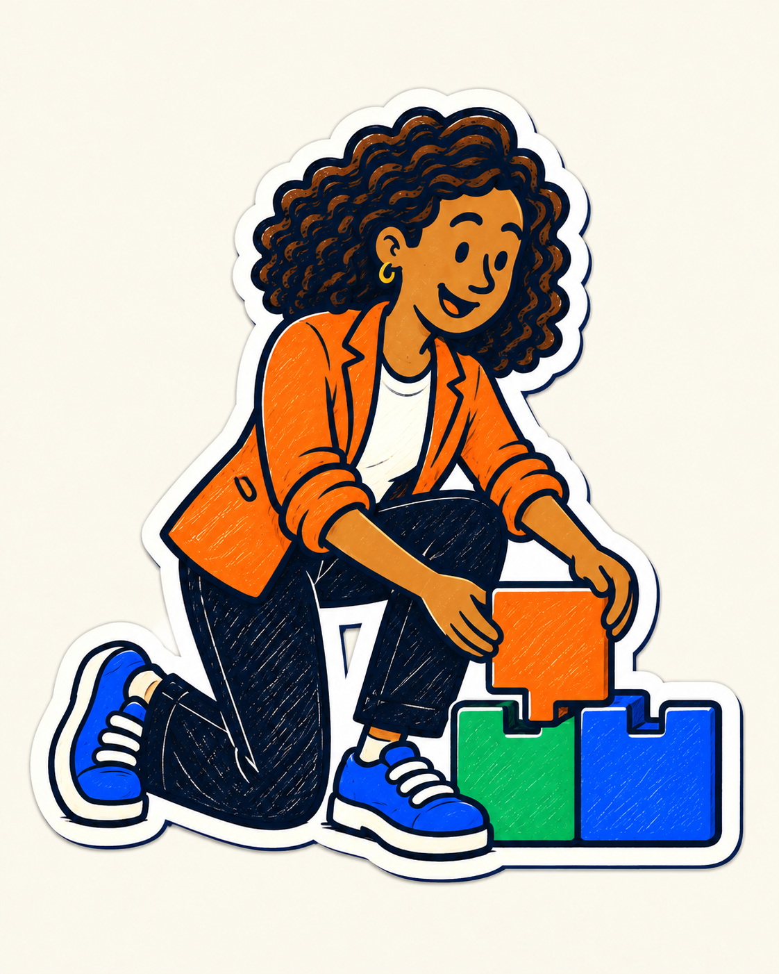 Illustrated guide kneeling to assemble a working module
